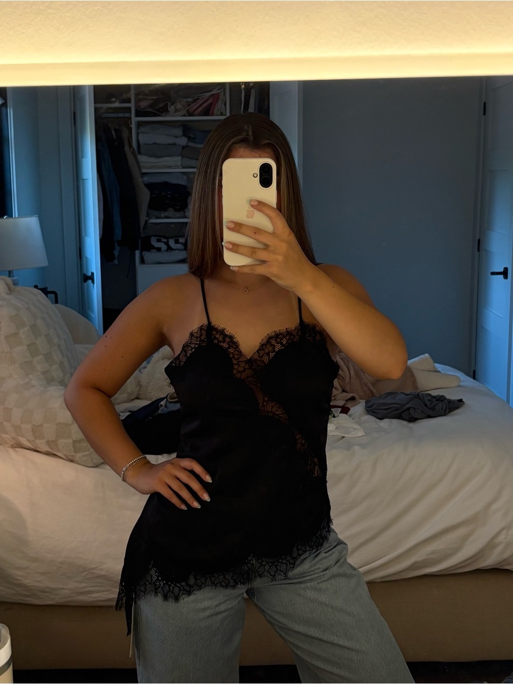 Cider black lace satin top